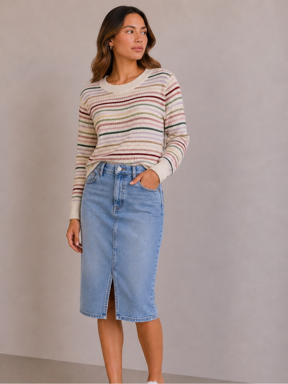 LOFT sz L-Cream Crewneck 100% Cotton Sweater with Multicolor Stripes!